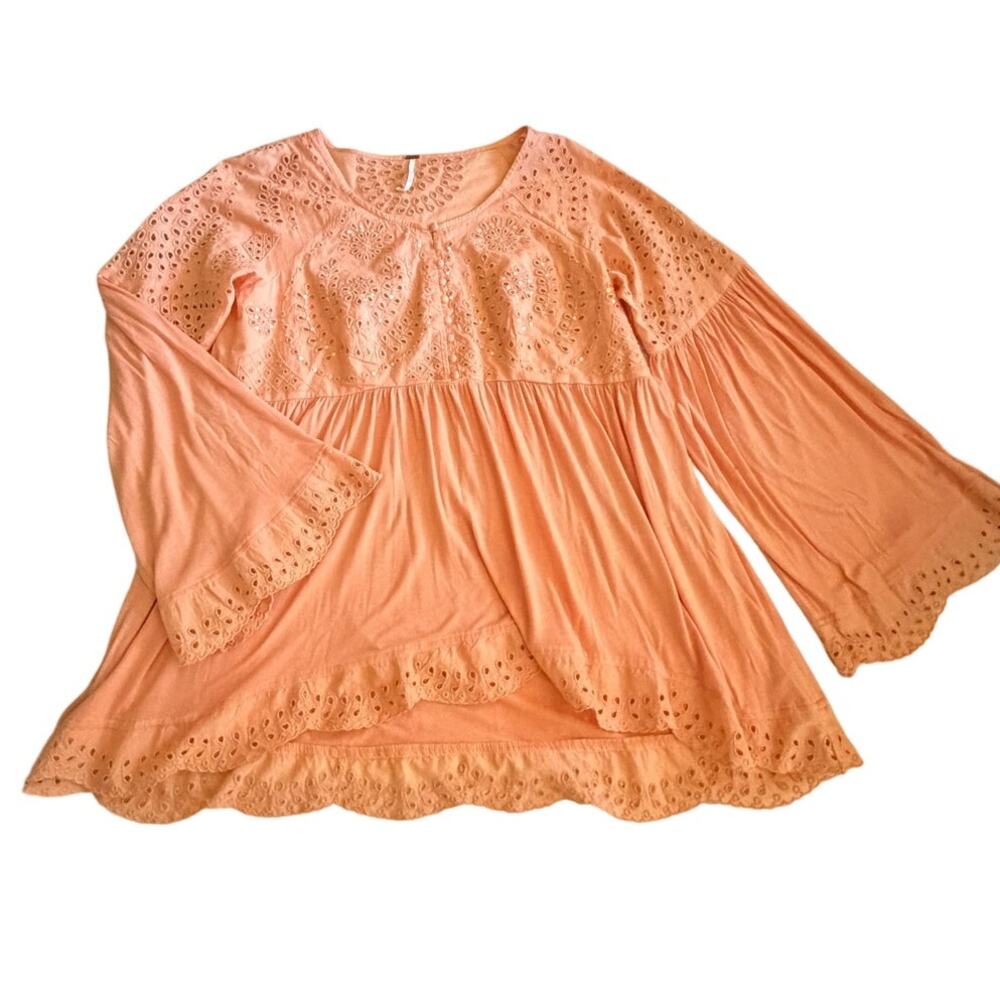 Free People Peach Embroidered Boho Tunic Top Small Sequin Eyelet Bell Sleeve